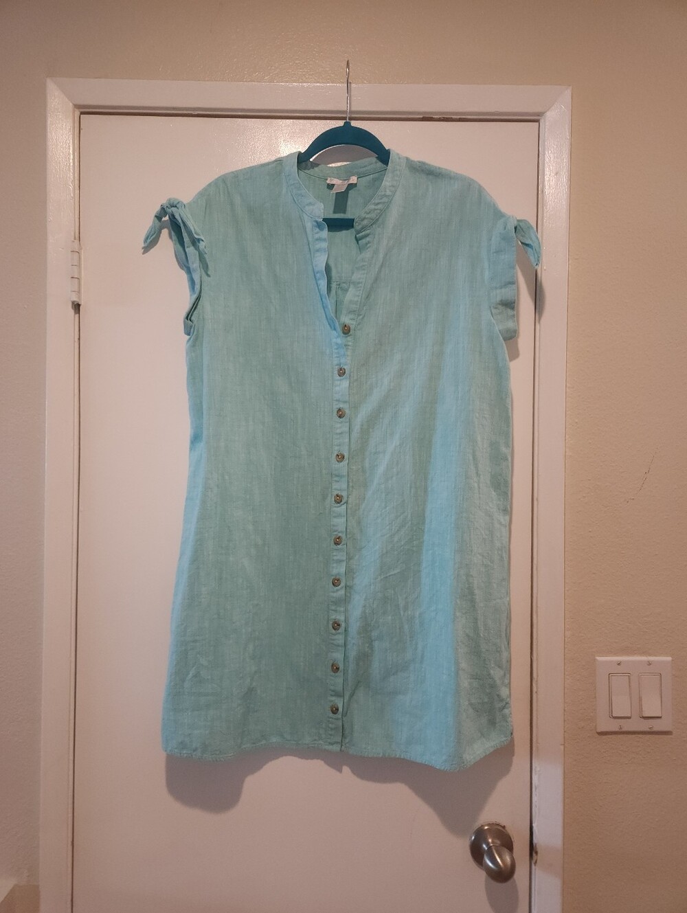 London Times Aqua Button-Front Tunic with Tie Sleeves